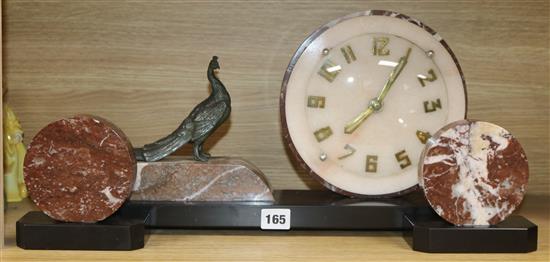 A spelter and marble Art Deco clock garniture clock length 46cm